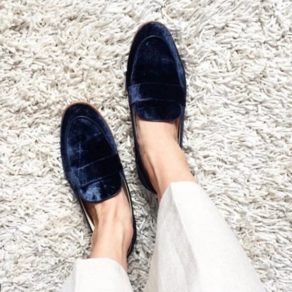 Zara Basic Navy Blue Velour Loafers